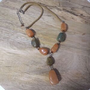Chunky Tumbled Stone Y-Necklace on Rawhide Cord